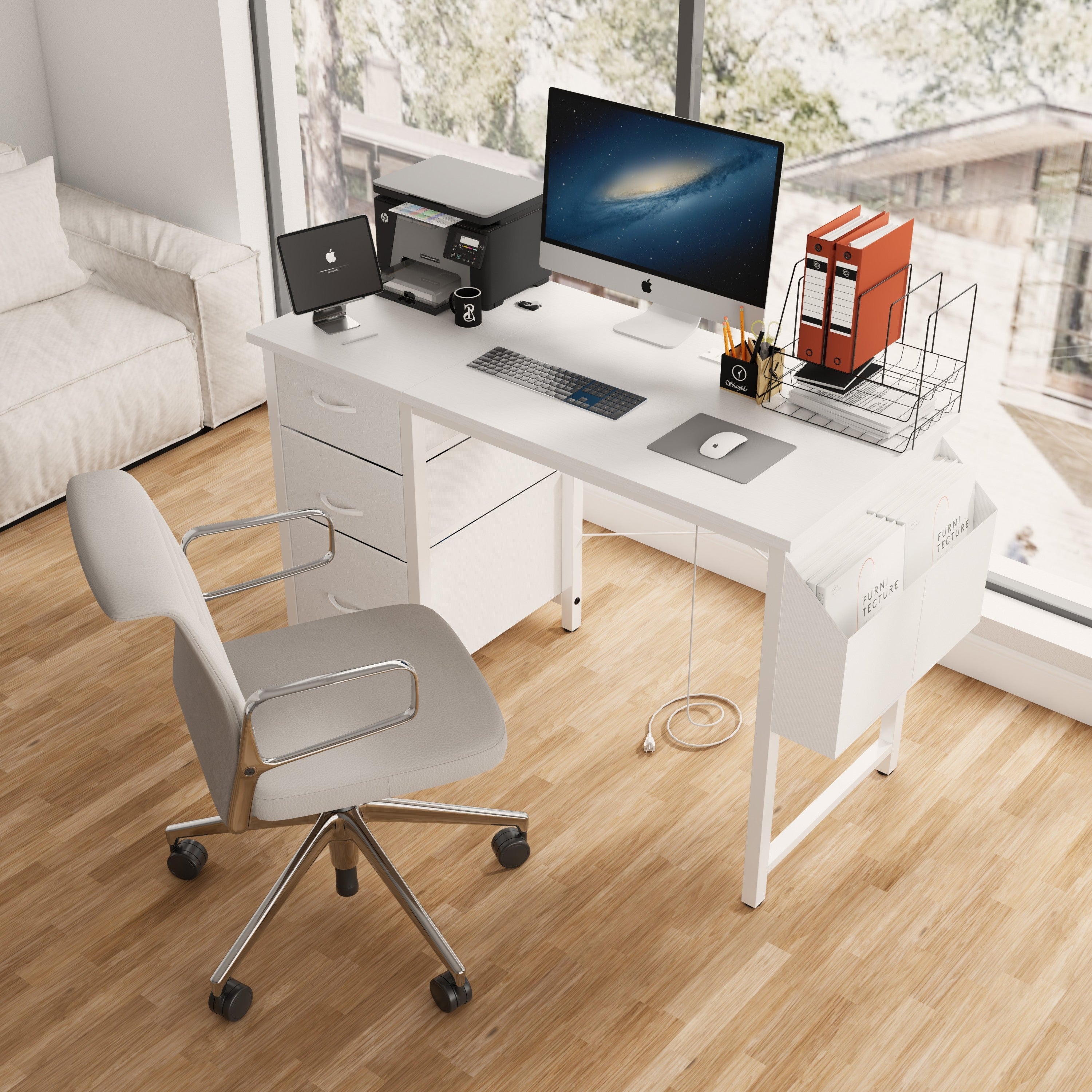 47.3'office desk with power outlet,3 drawers,Side Pocket, Study Desk Easy to Assemble,Frame stability Reversible for home desk, company computer desk, game table,Vanity table, white