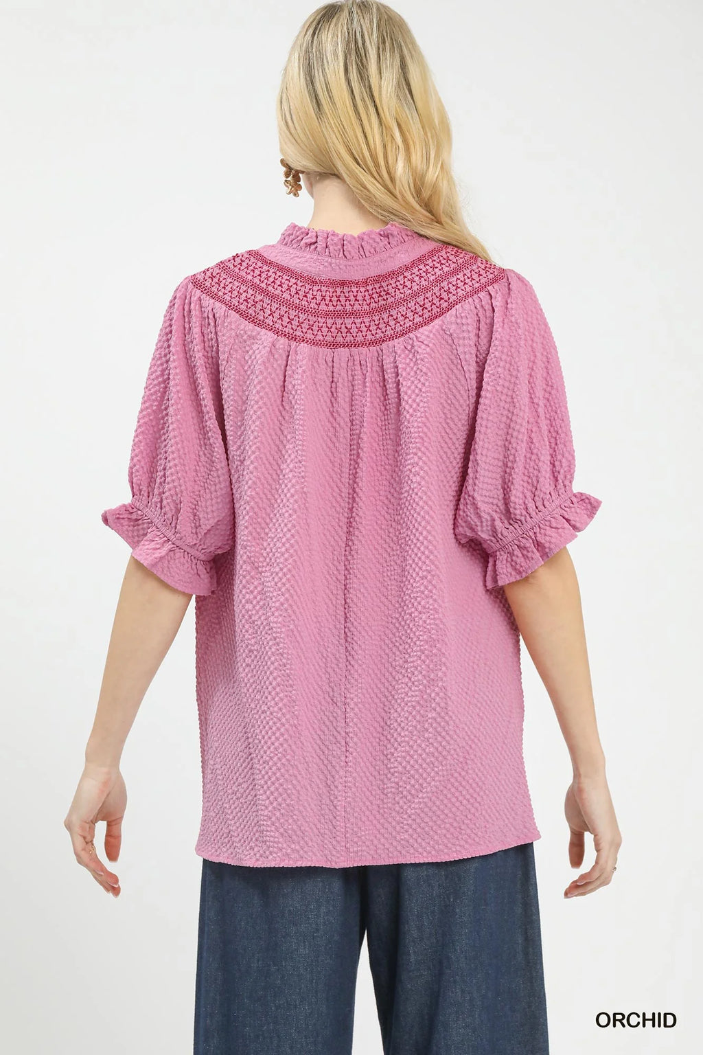 Umgee Textured Henley Blouse with Ruffle Cuffs
