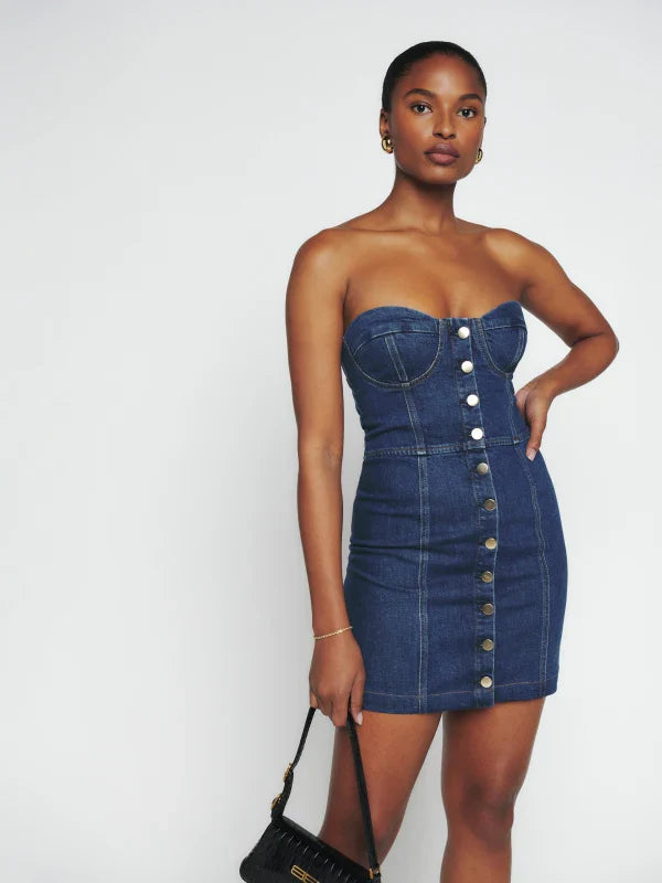 Reformation Nikki Strapless Bustier Denim Mini Dress, Size 10