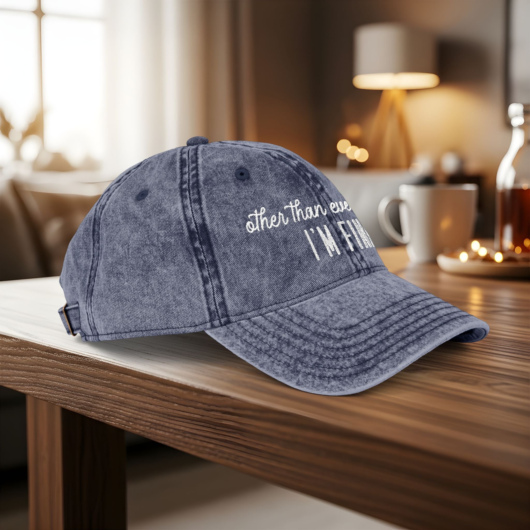 Bespattered Facade "I'm Fine" White Embroidered Vintage Cap