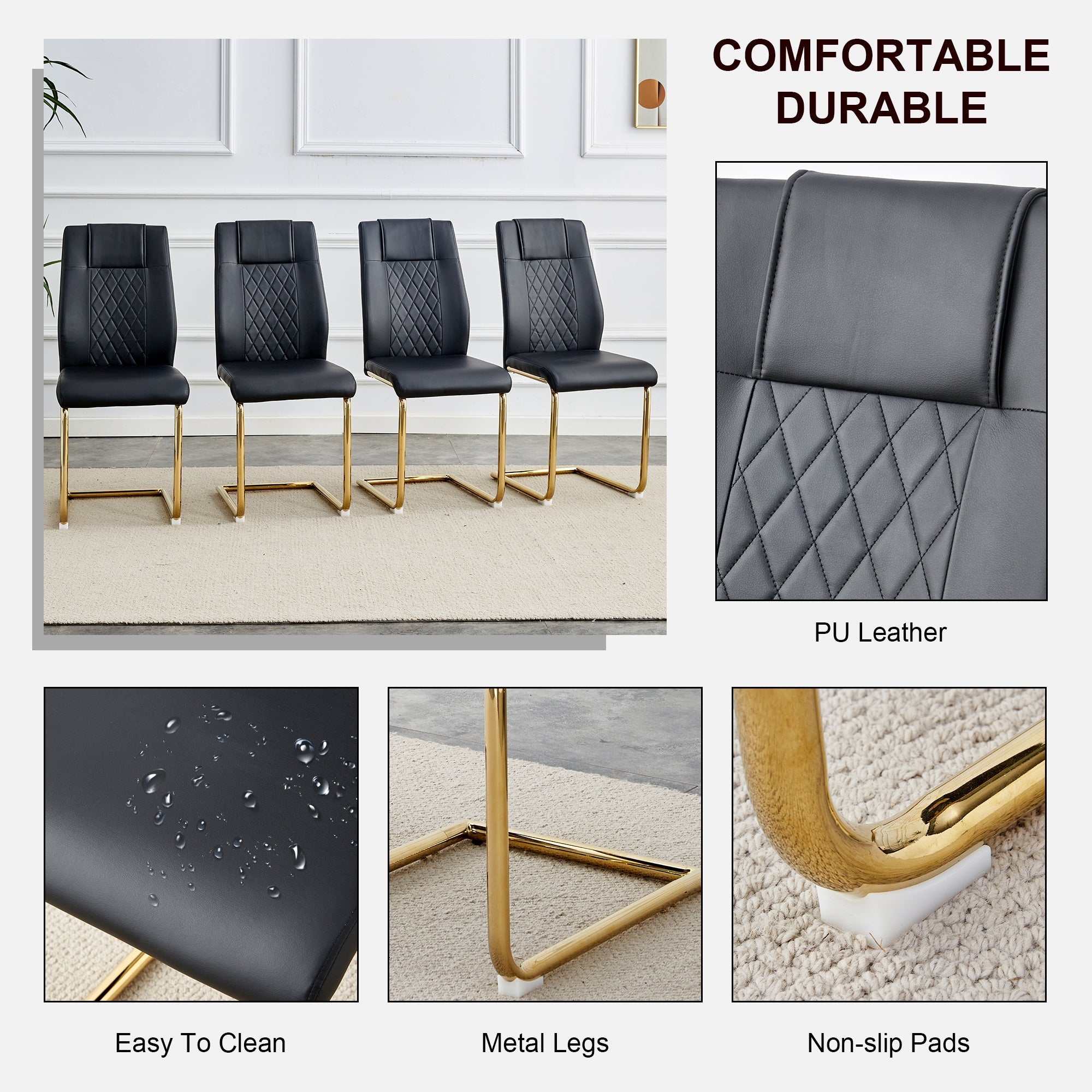 Modern dining chairs with faux leather padded seats, dining room chairs, gold metal leg upholstered chairs, suitable for kitchens, living rooms, bedrooms, and offices, set of 6 (black+PU leather)C-001