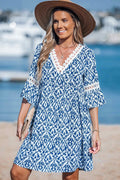 Cupshe Womens Abstract Print Lace Pointelle Mini Beach Dress - Blue