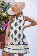 Cupshe Womens Blue Ornate Sleeveless Ruffled Hem Mini Beach Dress -Small