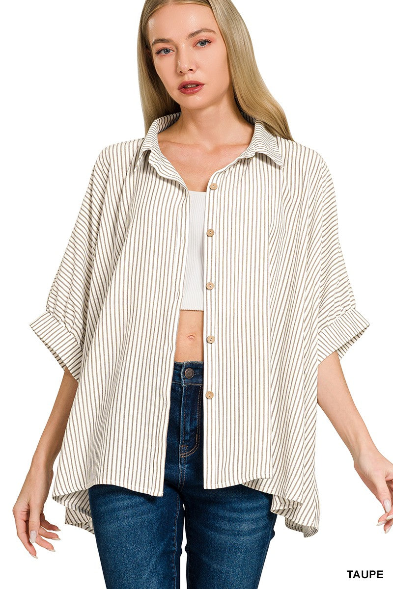 Zenana Full Size Woven Stripe Button Down Boxy Shirt Plus Size