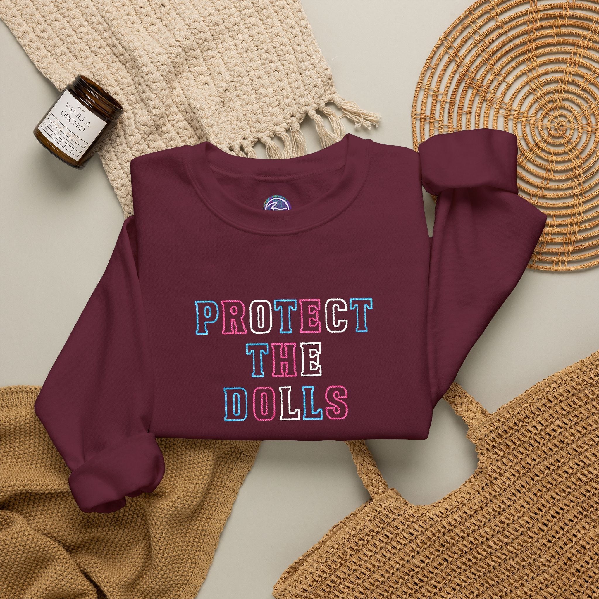 Bespattered Facade Protect the Dolls LGBTQ+ Pride Trans Support Embroidered Crewneck Sweatshirt