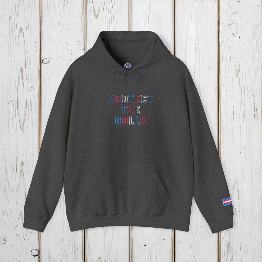 Bespattered Facade Protect the Dolls LGBTQ+ Pride Trans Support Embroidered Unisex Heavy Blend™ Hooded Sweatshirt