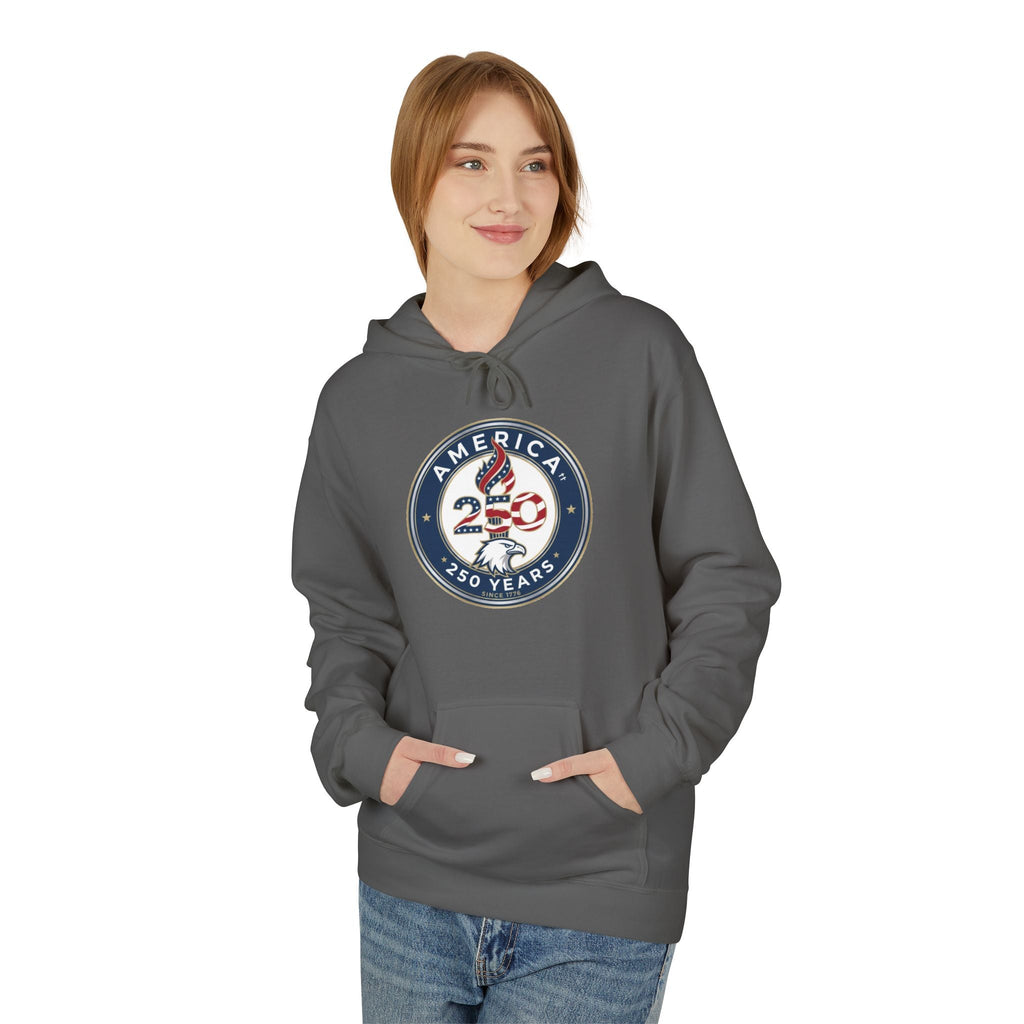 America 250 Years Badge Hoodie – USA Flag Patriotic Celebration Pullover