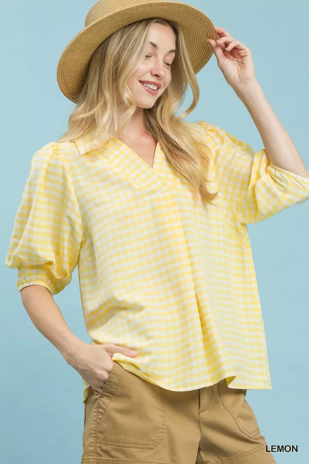 Umgee Gingham Puff Sleeve Collared Blouse