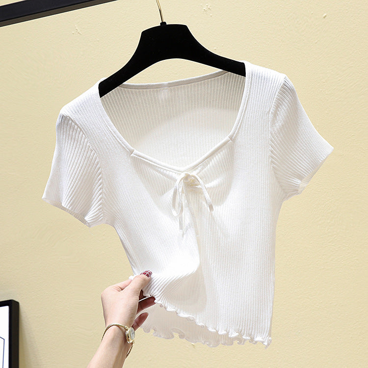 Korean Style Women's Bow Tie Short Sleeve Knit Top
