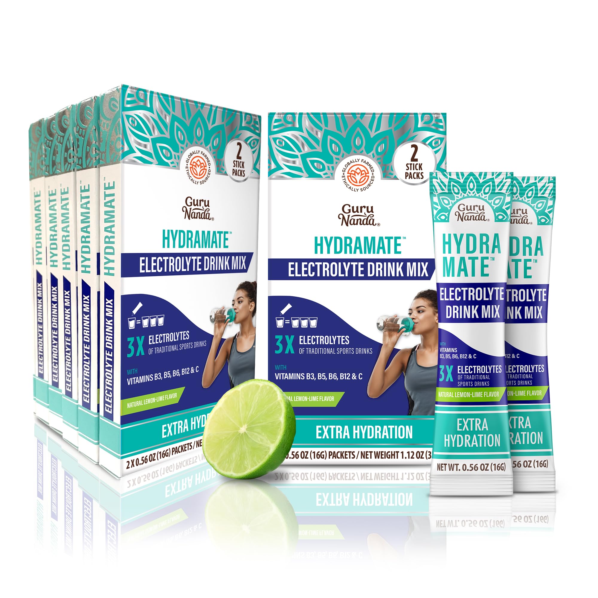 GuruNanda Hydramate Hydration Support Drink Mix - Electrolyte Powder Packets for Dehydration Exercise & Energy - No Added Sweeteners Non-GMO Natural Lemon Lime Flavor - 12 Count (0.56 oz Each)