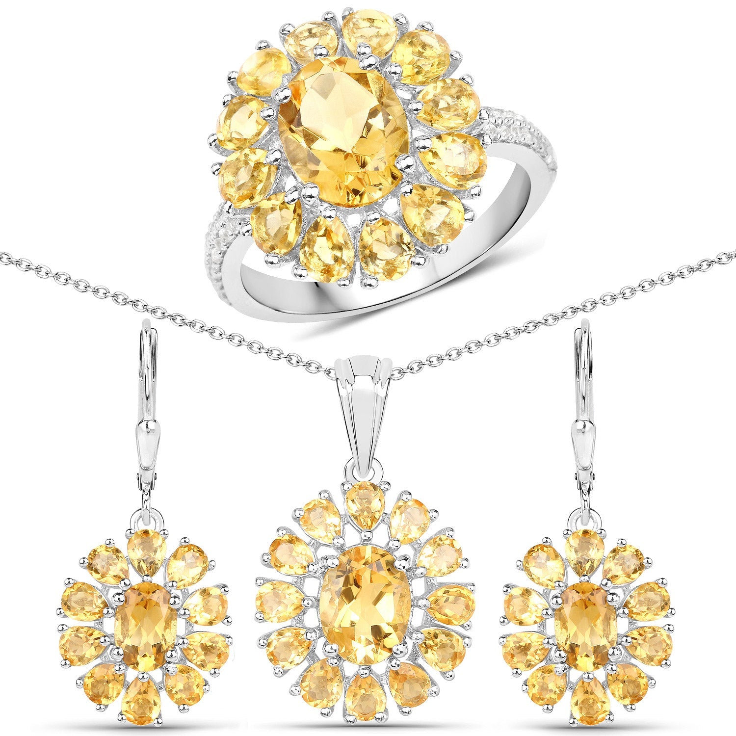 12.24 Carat Genuine Citrine and White Topaz .925 Sterling Silver 3 Piece Jewelry Set (Ring, Earrings, and Pendant w/ Chain)