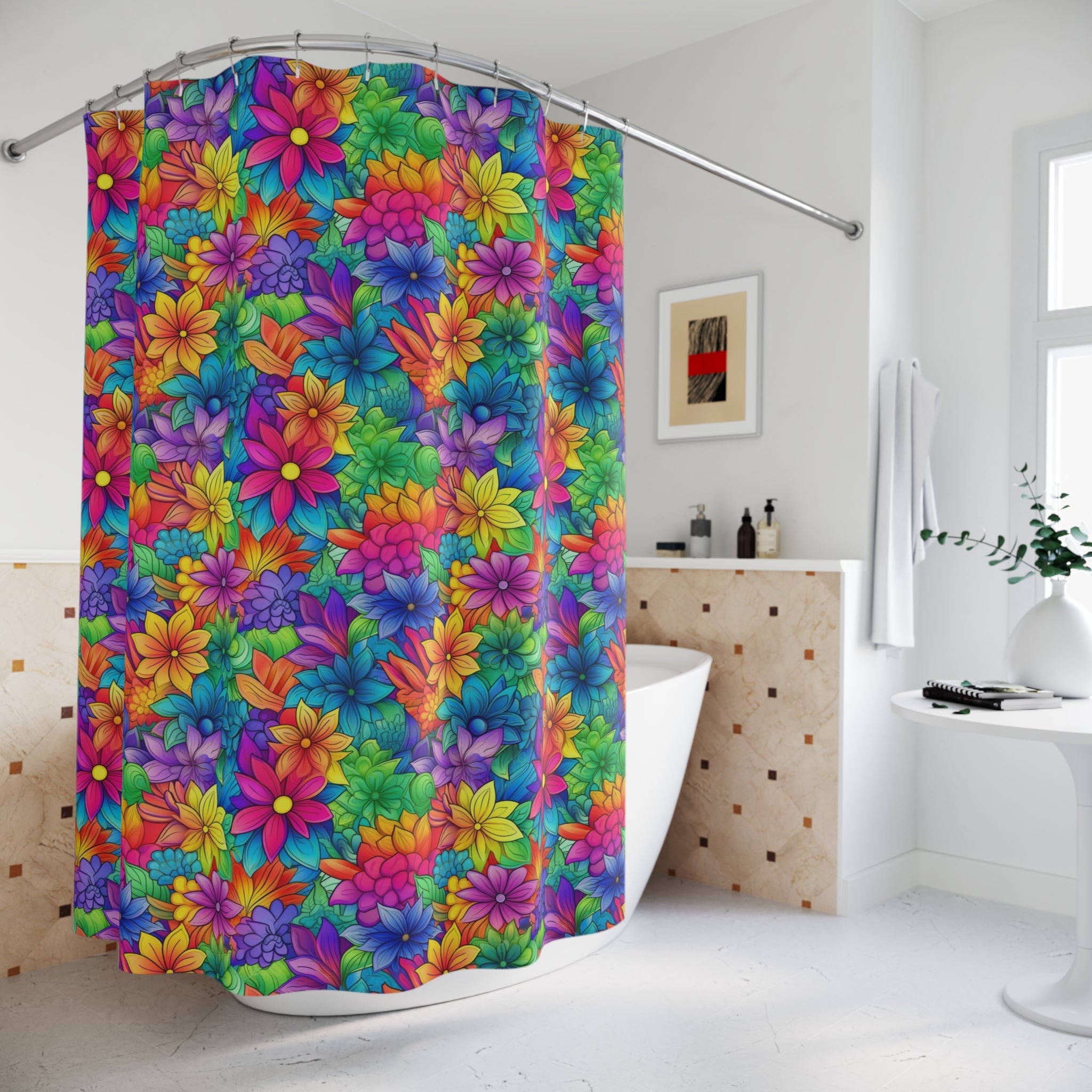 Bespattered Facade Bright Rainbow Flowers Shower Curtain