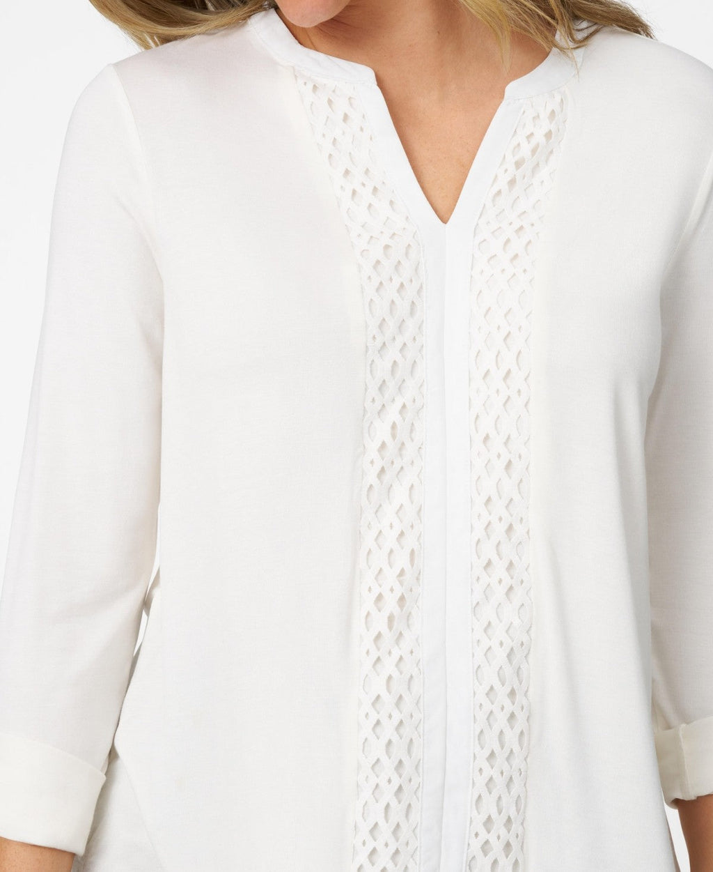 Cable and Gauge Womens Lace Trim Henley Top - Whisper White, large
