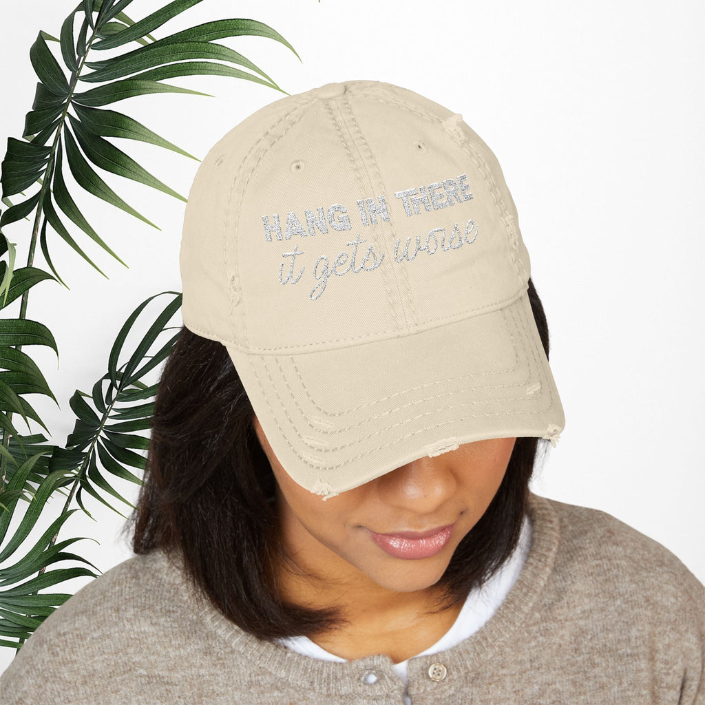 Bespattered Facade "Hang in There" White Embroidered Distressed Cap