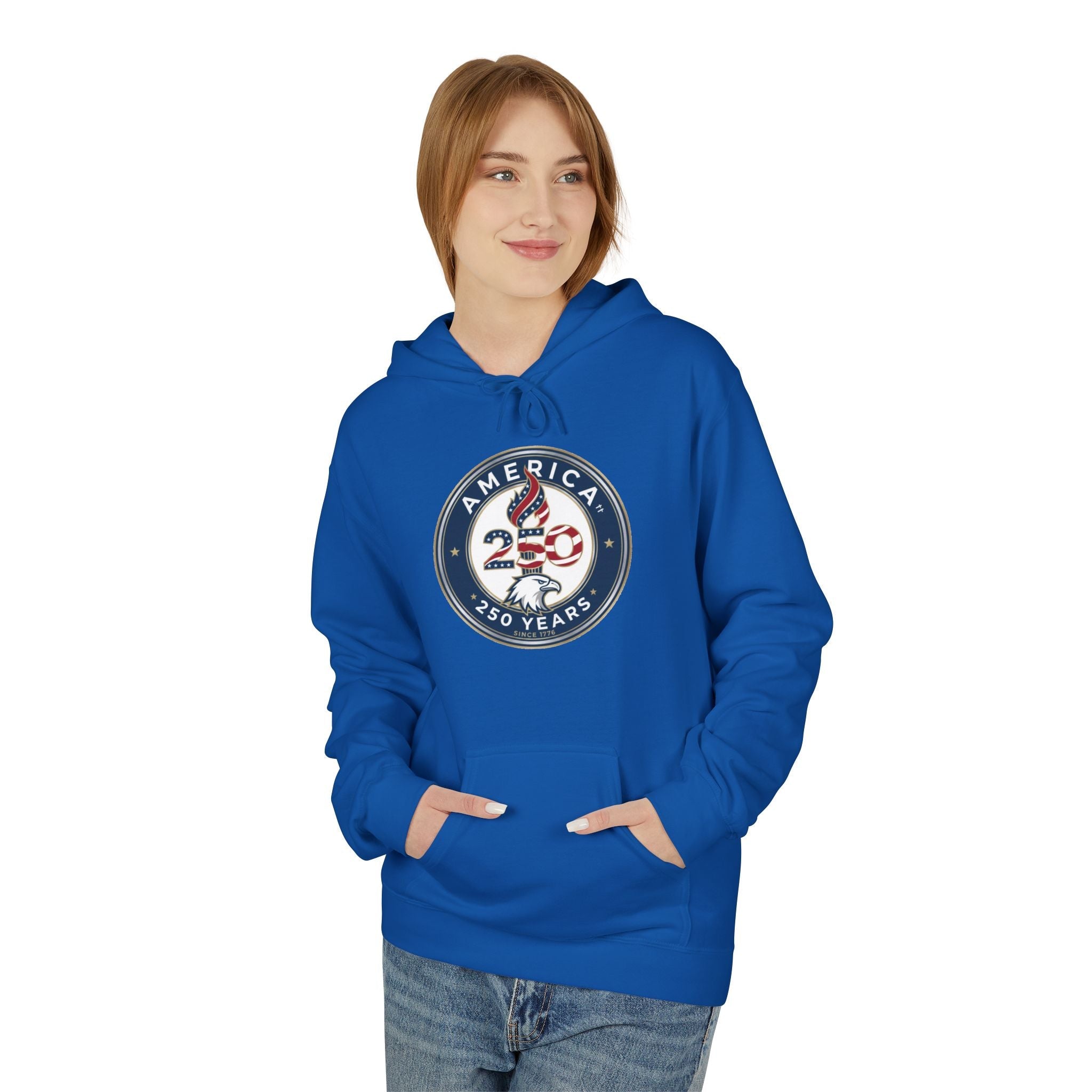 America 250 Years Badge Hoodie – USA Flag Patriotic Celebration Pullover