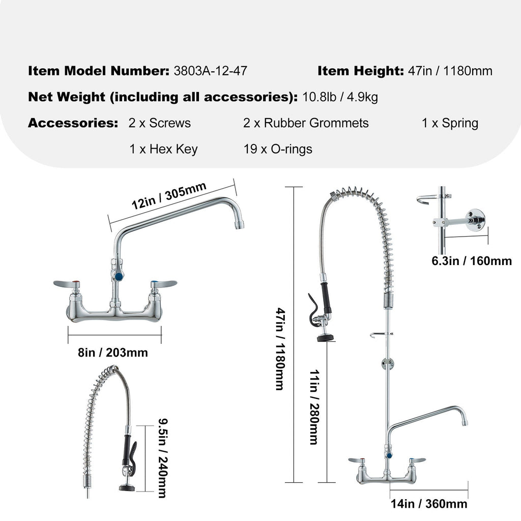Commercial Faucet with Pre-Rinse Sprayer, 47' Height, 8' Center, 12' Swing Spout, Wall Mount Kitchen Sink Faucet, Brass Constructed Device with Pull Down Spray, for 1/2/3 Compartment Sink