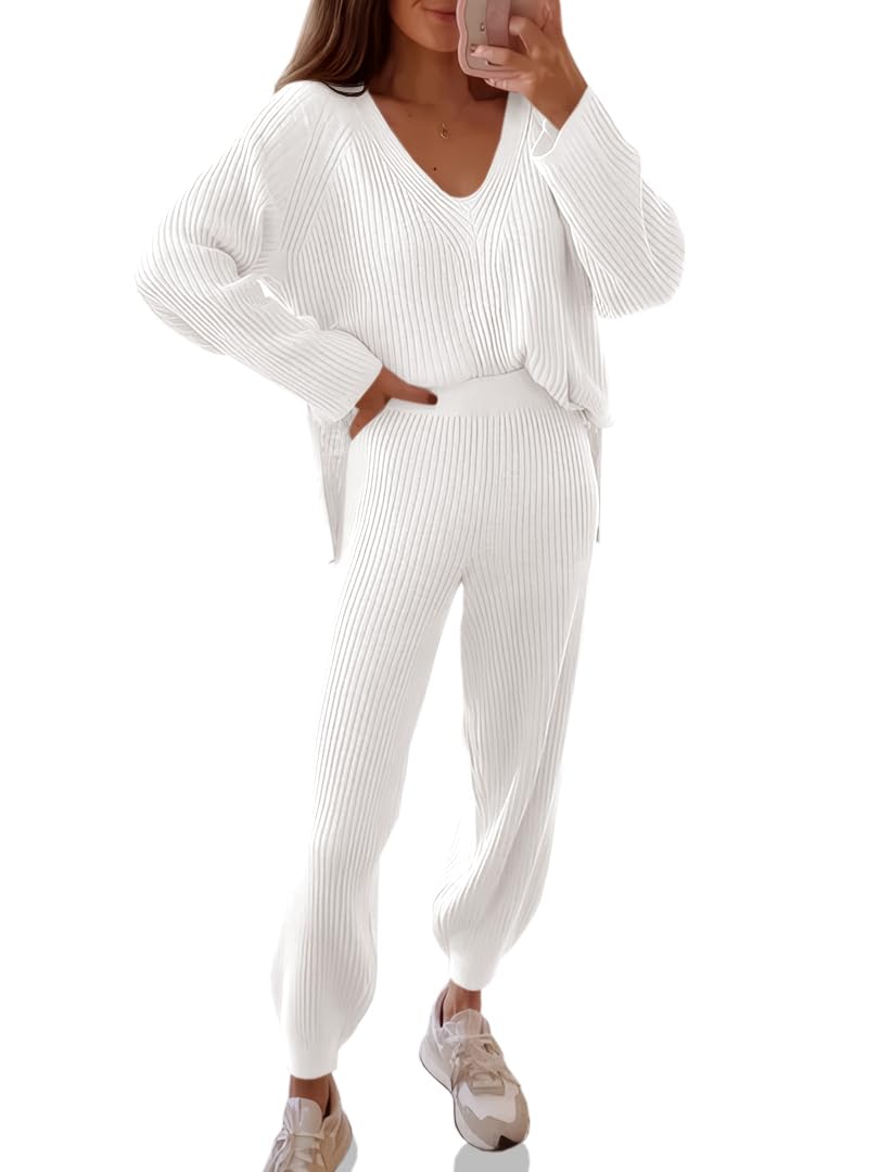 Tankaneo Womens Knit Sets Oversized V Neck Sweaters and Wide Leg Pants Fall Loungewear Trendy 2 Piece Outfits
