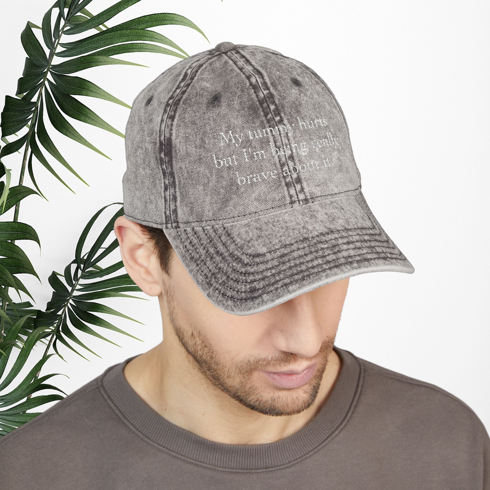 Bespattered Facade "My Tummy Hurts" White Embroidered Vintage Cap