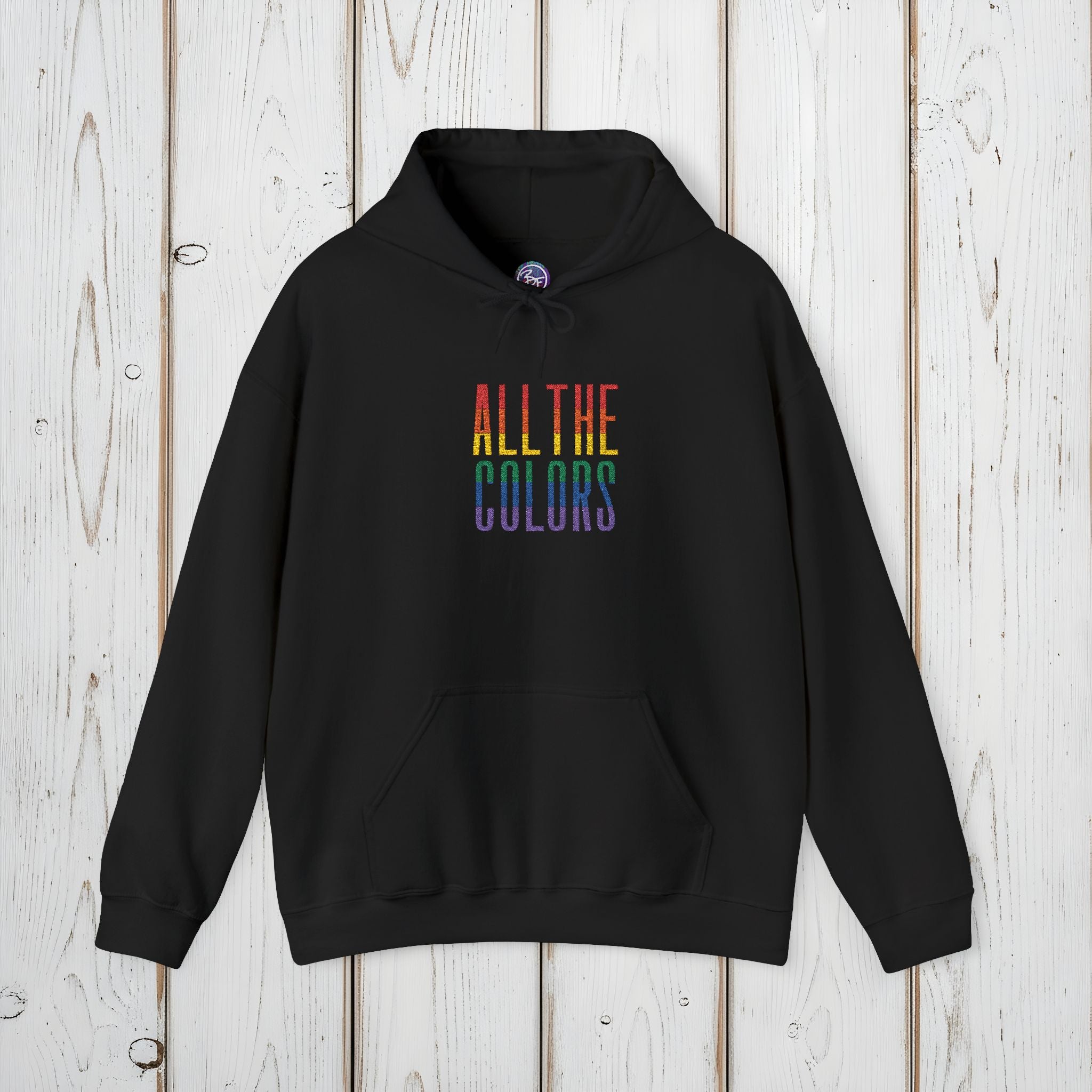 Bespattered Facade "All the Colors" Rainbow Block Embroidered Unisex Heavy Blend™ Hooded Sweatshirt
