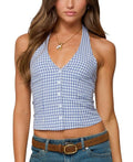 EDIKTED Evan Gingham Button up Halter Top, Size Small