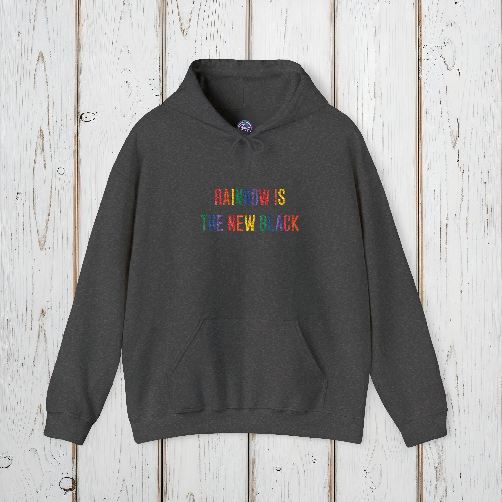 Bespattered Facade "Rainbow Is the New Black" Colorful Embroidered Unisex Heavy Blend™ Hooded Sweatshirt