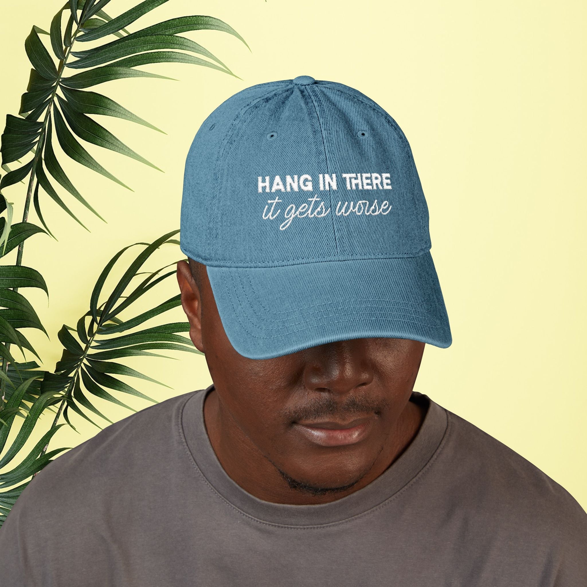 Bespattered Facade "Hang in There" White Embroidered Denim Cap