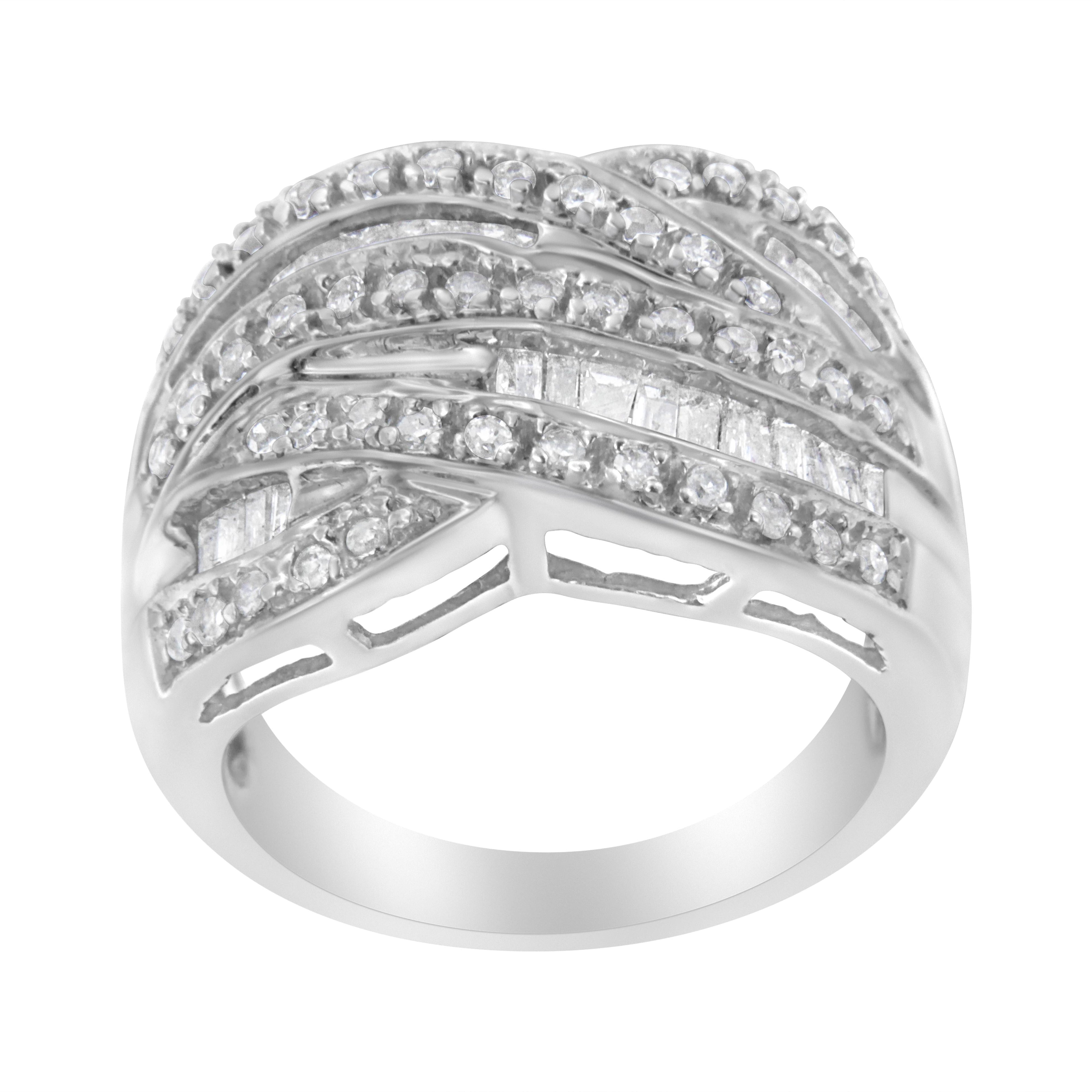 .925 Sterling Silver 1.0 Cttw Channel Set Alternating Round and Baguette Diamond Cross-over Bypass Ring Band (I-J Color, I2-I3 Clarity) - Size 7