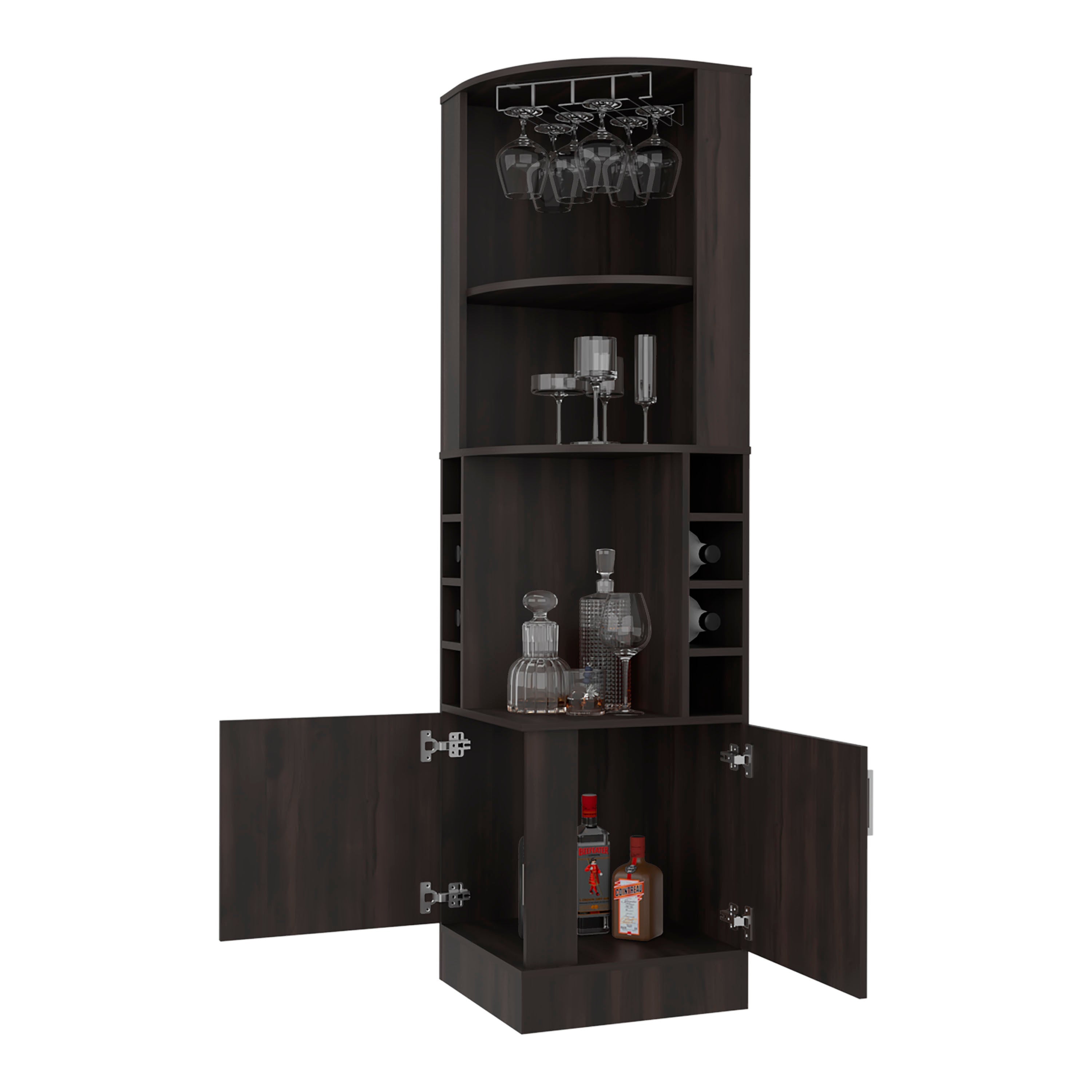 Cairo Corner Bar Cabinet with Double Door Cabinet, Glass Rack, Eight Built-in Wine Rack, Dark Walnut