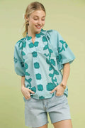 Umgee Floral Smocked Notched Puff Sleeve Blouse