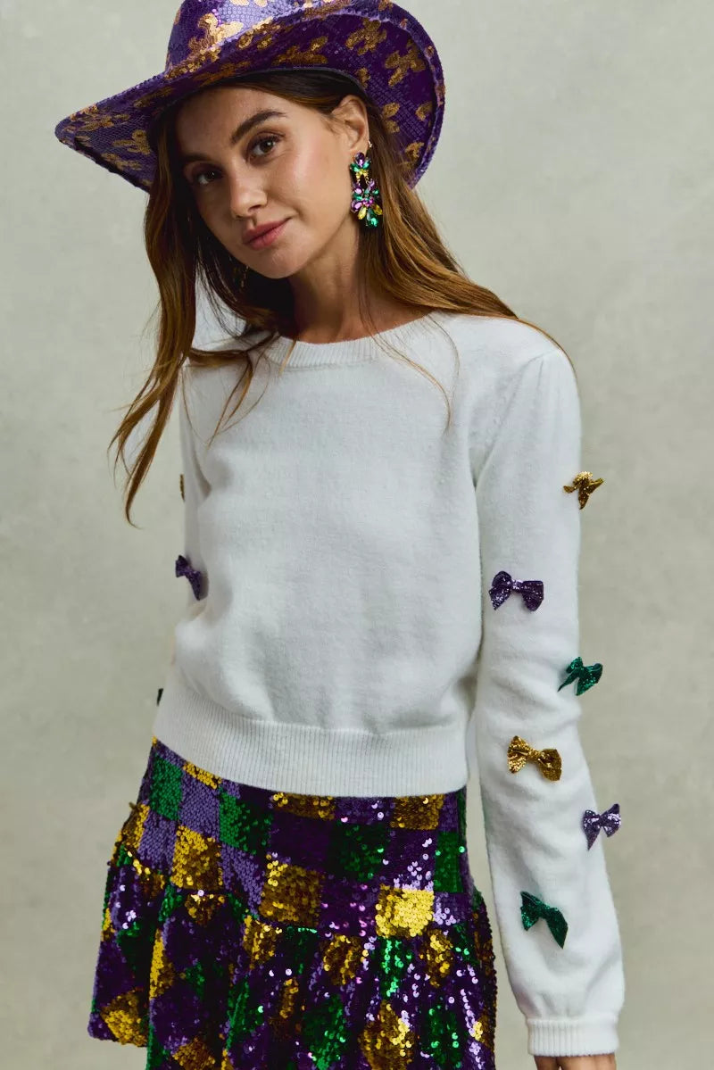 SO ME Mardi Gras Glitter Bow Ribbon Sweater Knit Top