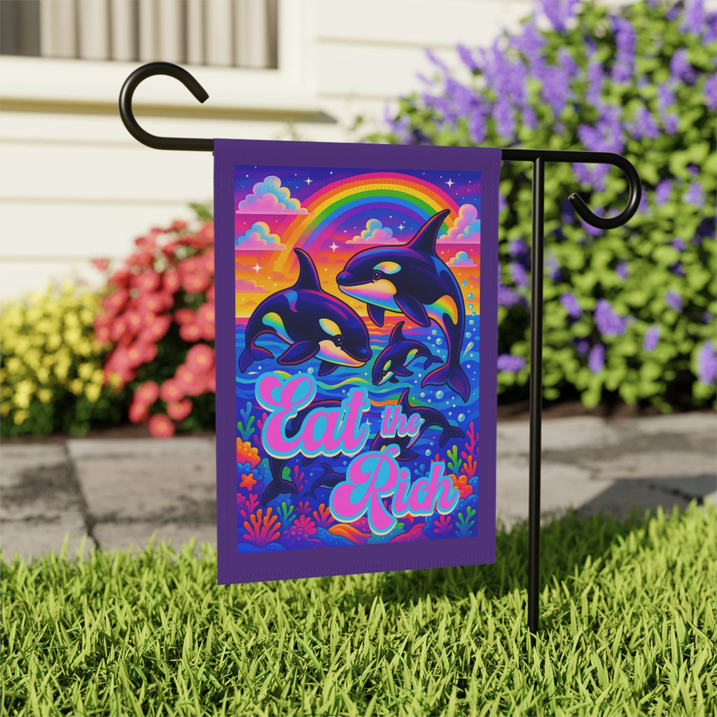 Bespattered Facade "Eat the Rich" Orcas Rainbow Garden Flag