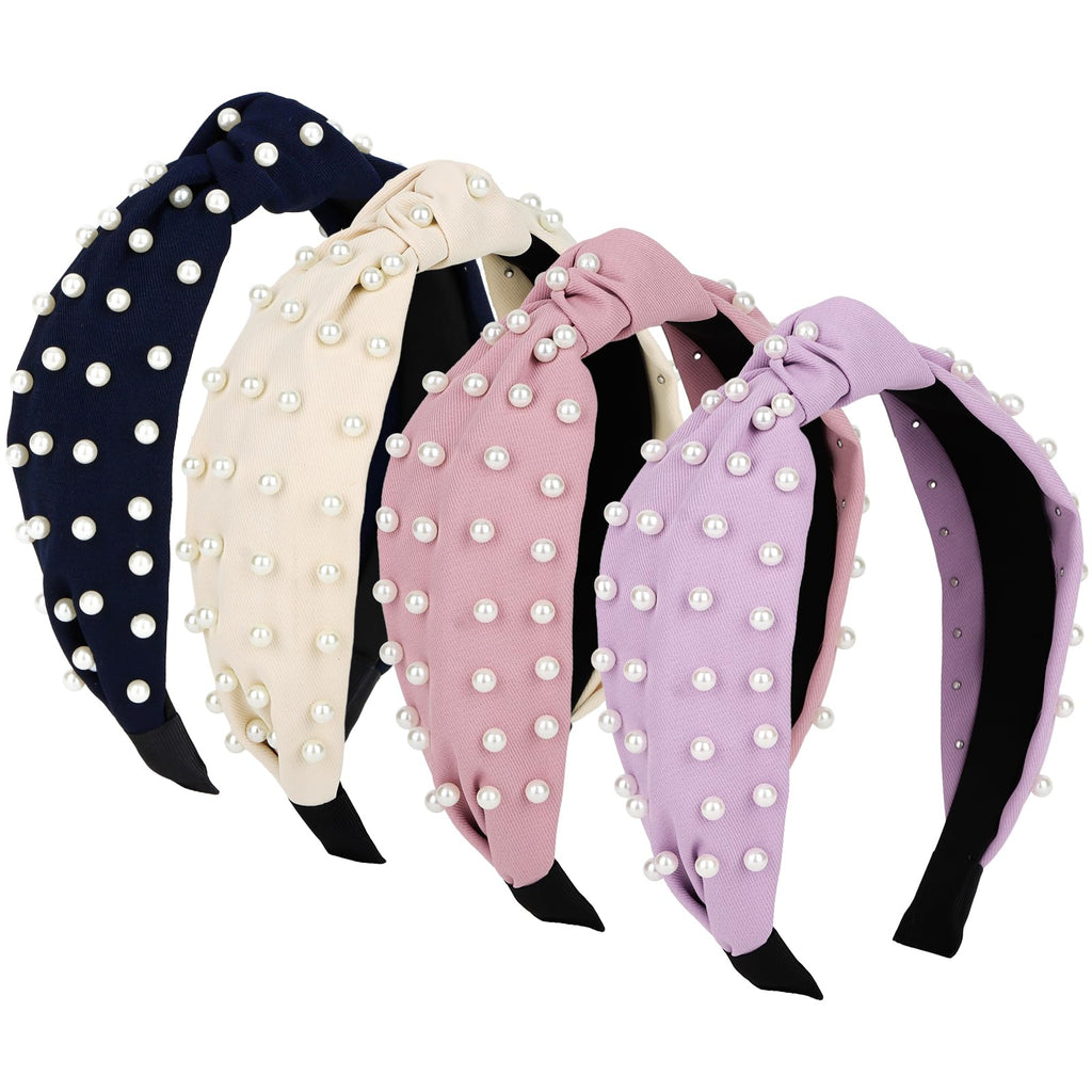 Jaciya Headbands for Women 4 Pack Pearl Headbands for Girls Knotted Headband for Women Non Slip Wide Fashion Head Bands Turban Hair Accessories