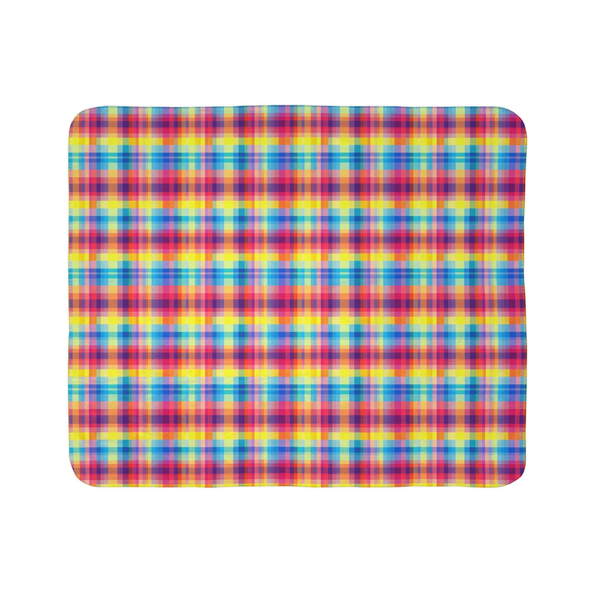 Bespattered Facade Rainbow Plaid Vibrant Fleece Sherpa Blanket | 2 Colors & Sizes