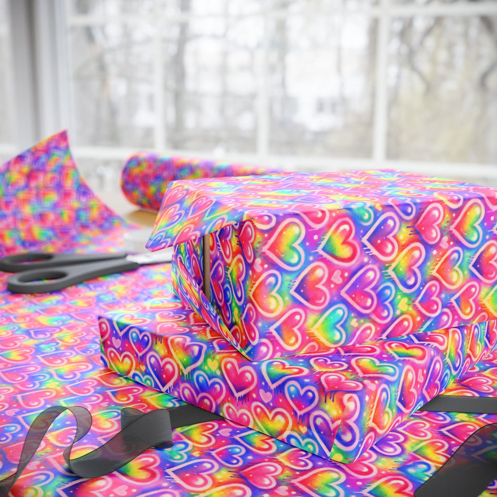Bespattered Facade Rainbow Hearts Wrapping Paper | Three Sizes | Glossy or Matte