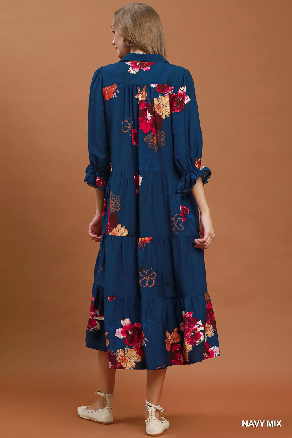 Umgee Floral Print Tiered Midi Dress with Puff Sleeves