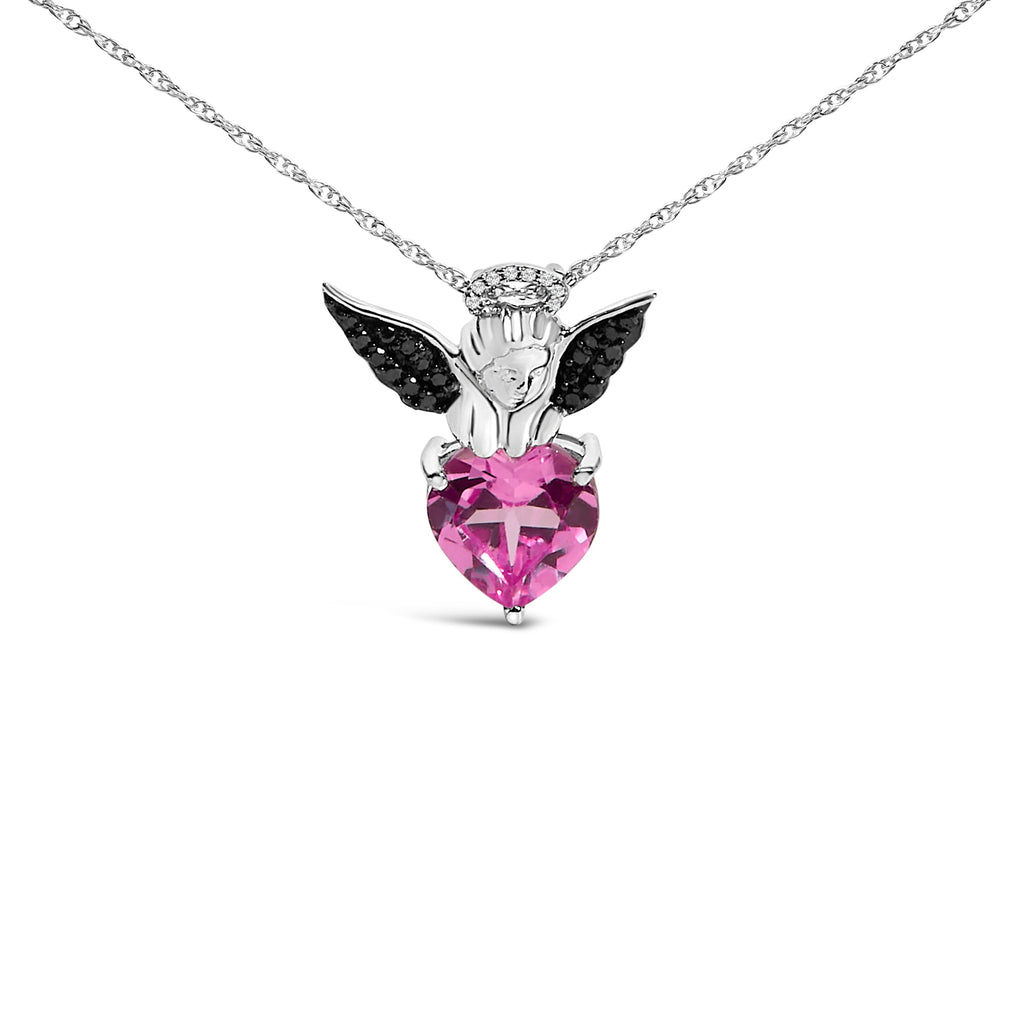 Sterling Silver Diamond Accent & Created Pink Sapphire Angel Heart Pendant Necklace