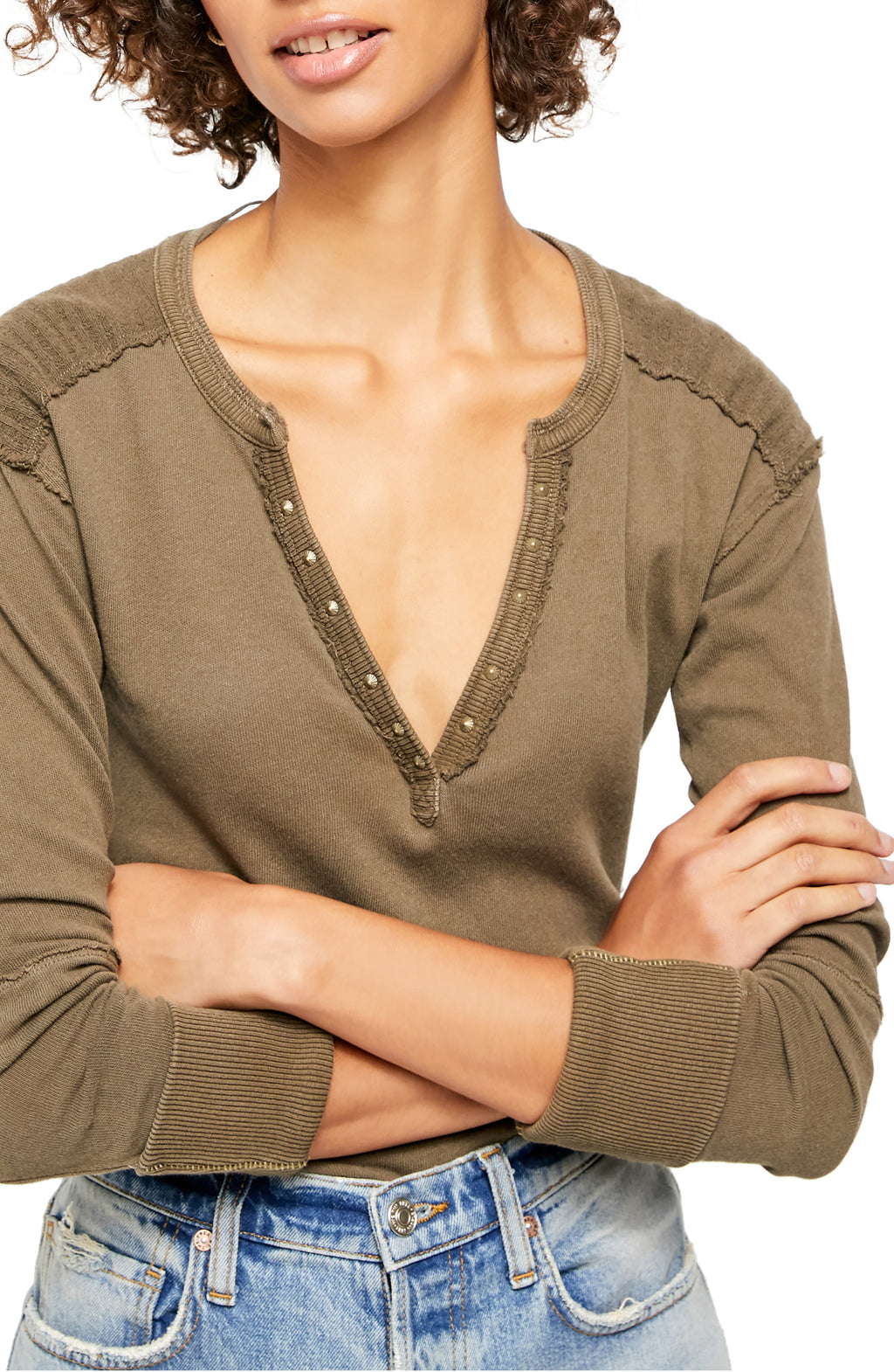 Free People Womens Embellished Long Sleeve V Neck Top