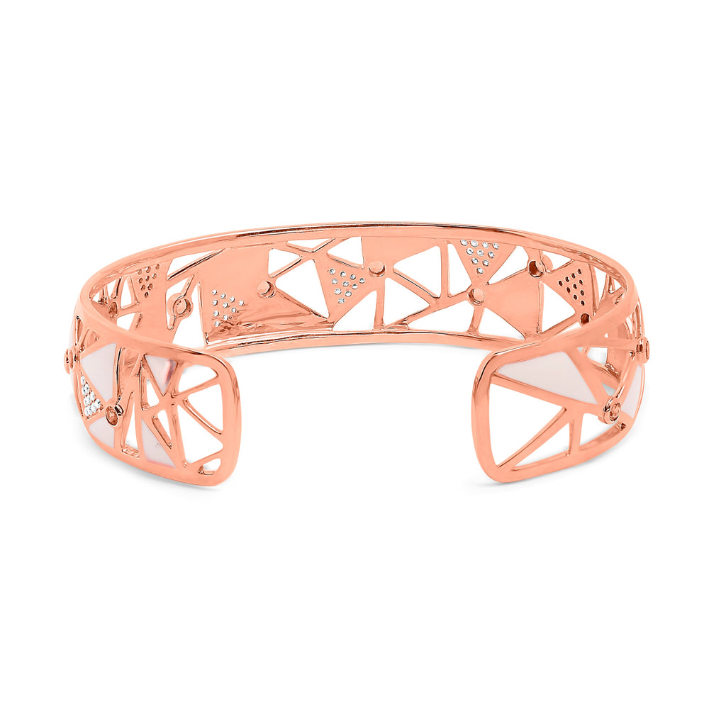 14K Rose Gold 5/8 Cttw Diamond with Pink Tourmaline Open Cuff Bangle with White Enamel (G-H Color, SI1-SI2 Clarity) - 7"