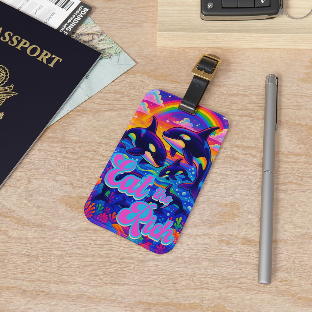 Bespattered Facade "Eat the Rich" Orcas Luggage Tag with Leather Strap