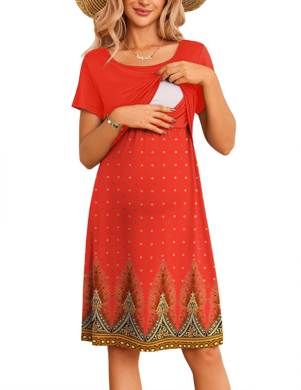 Ekouaer Maternity Nursing Dress for Women Short Sleeve Patchwork Breastfeeding Dress Summer Pregnancy Knee Length Dress