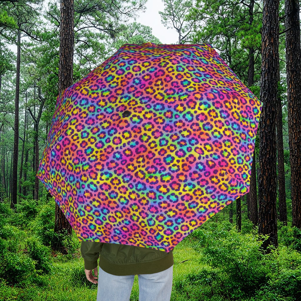 Rainbow Leopard Foldable Umbrella — Compact Semi-Automatic Rain Parasol