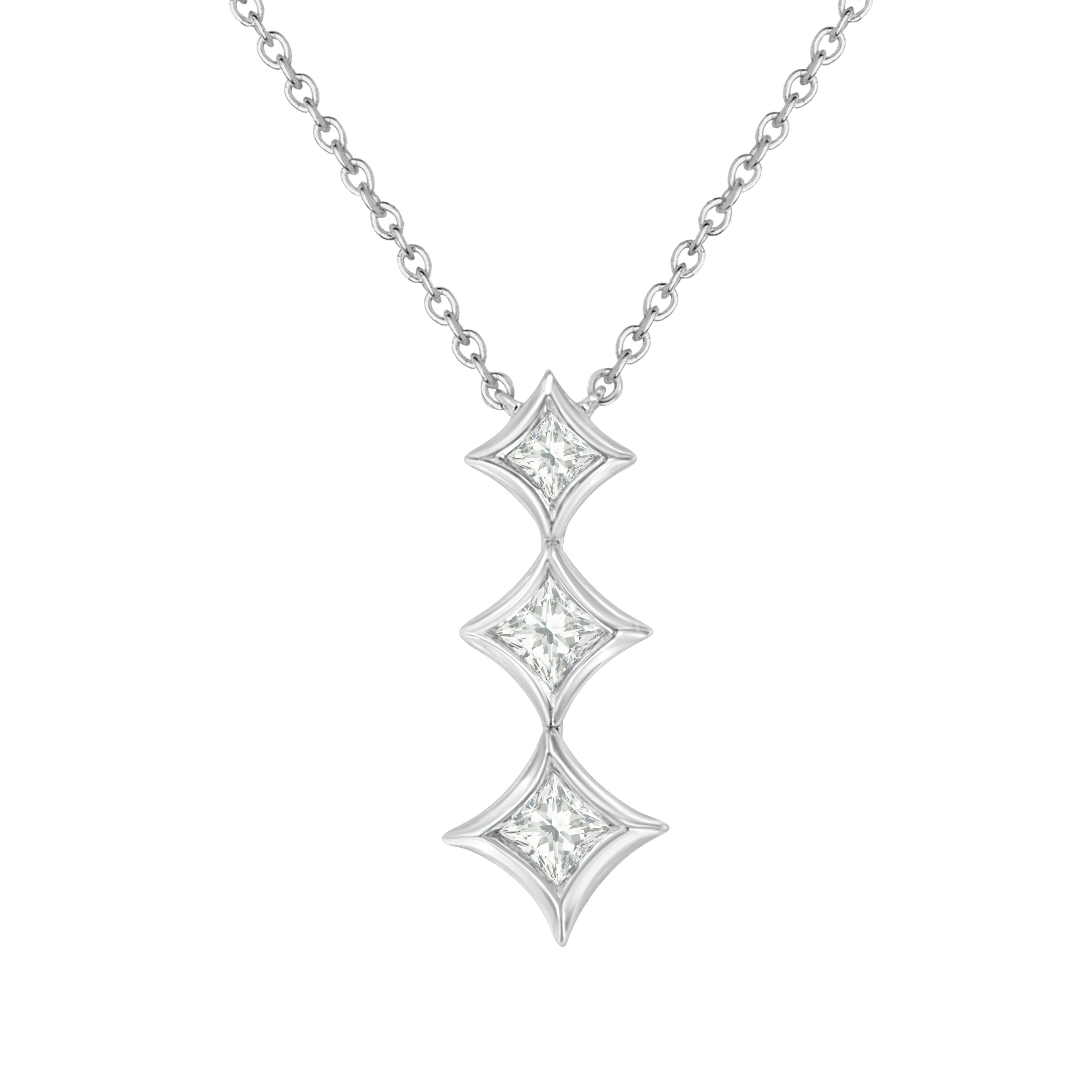10K White Gold 1/5 Cttw Princess Cut Diamond 3 Stone Drop 18" Pendant Necklace (H-I Color, SI2-I1 Clarity)