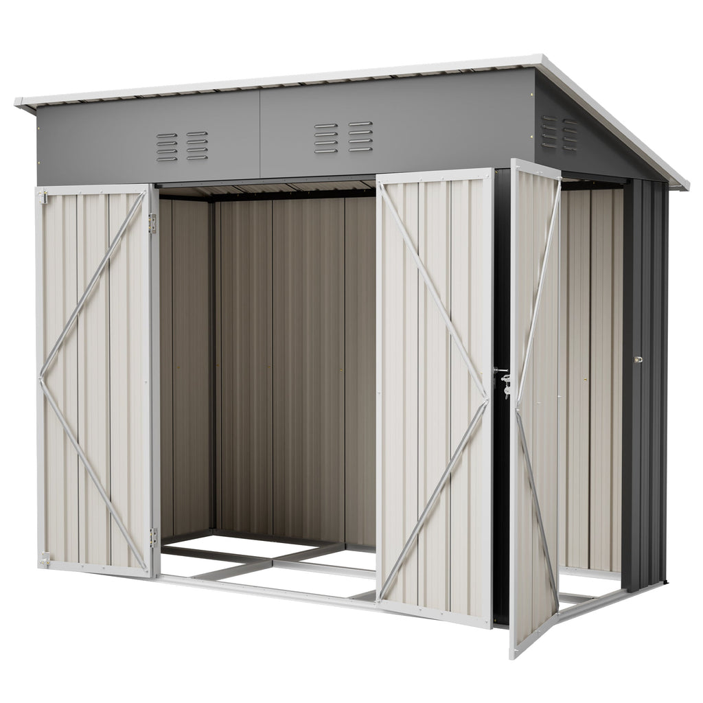 4x8 Slope-Roof Reinforced Storage Shed with Weatherproof Sloping Roof & 4 Air Vents, Heavy-Duty Sturdy Metal Frame, Left/Right Optional Door, Outdoor Tool Shed Warehouse for Garden Storage Pet House