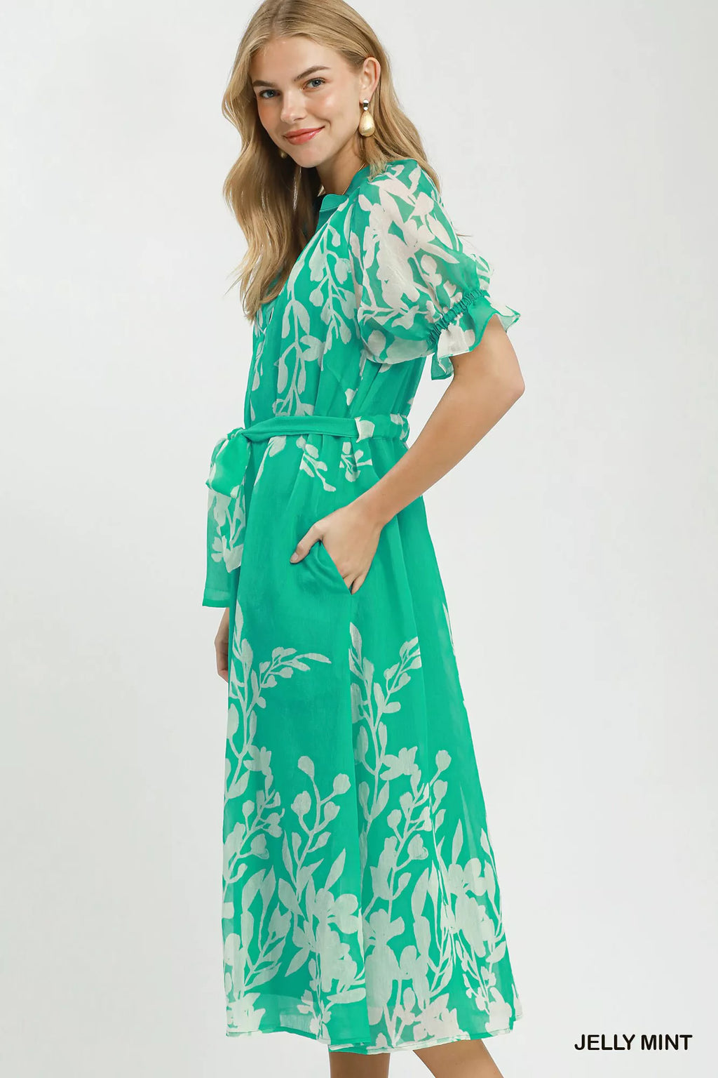 Umgee Floral Print Tie Waist Midi Dress with Side Pockets