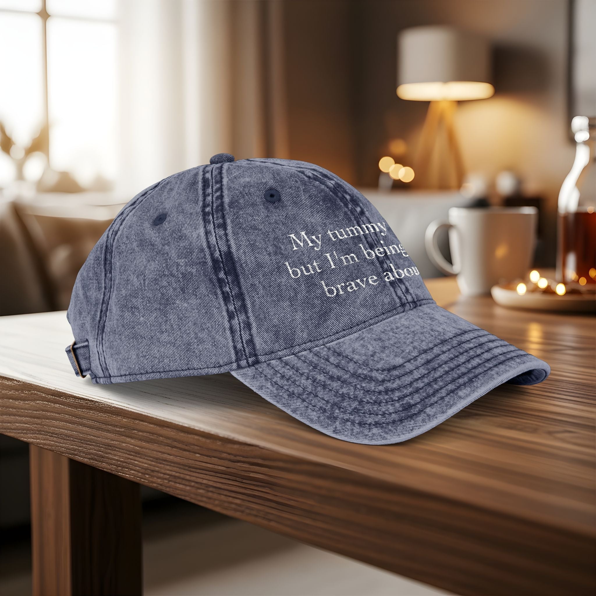 Bespattered Facade "My Tummy Hurts" White Embroidered Vintage Cap