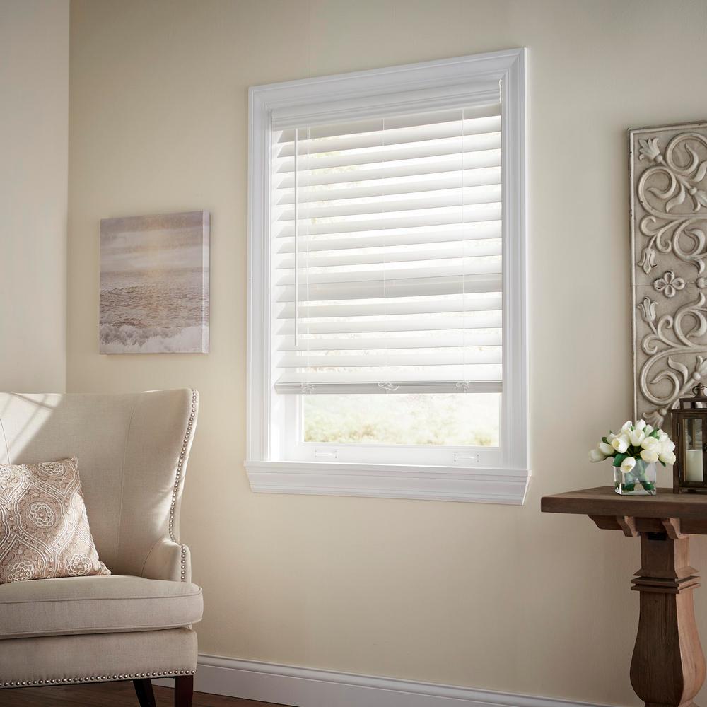 Home Decorators 64in White Cordless Premium Faux Wood 2.5 in Blinds, 24-5/8"