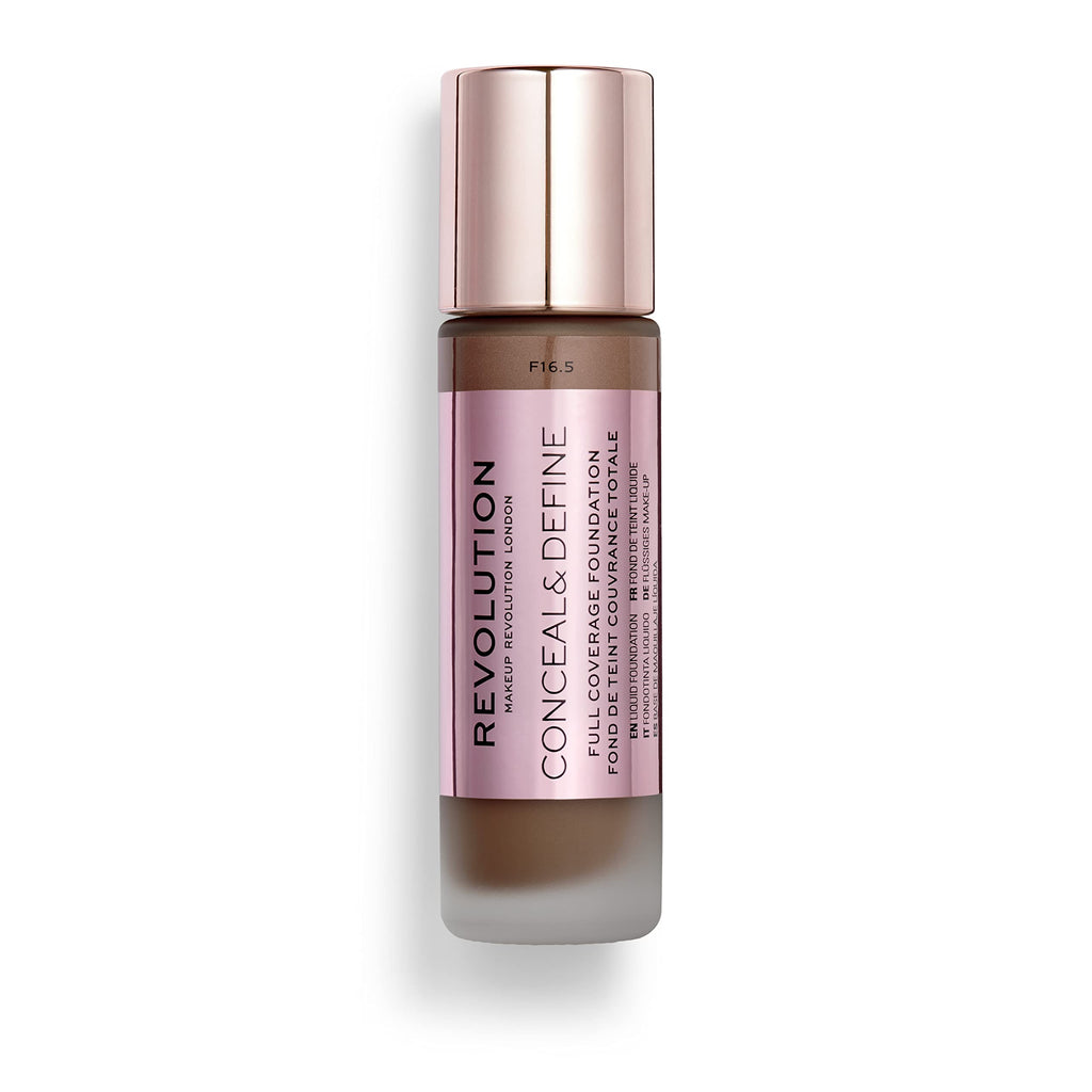 Makeup Revolution Conceal and Define Foundation Full Coverage & Matte Finish F17.5 for Dark Skin Tones Vegan & Cruelty-Free 0.7 Fl Oz