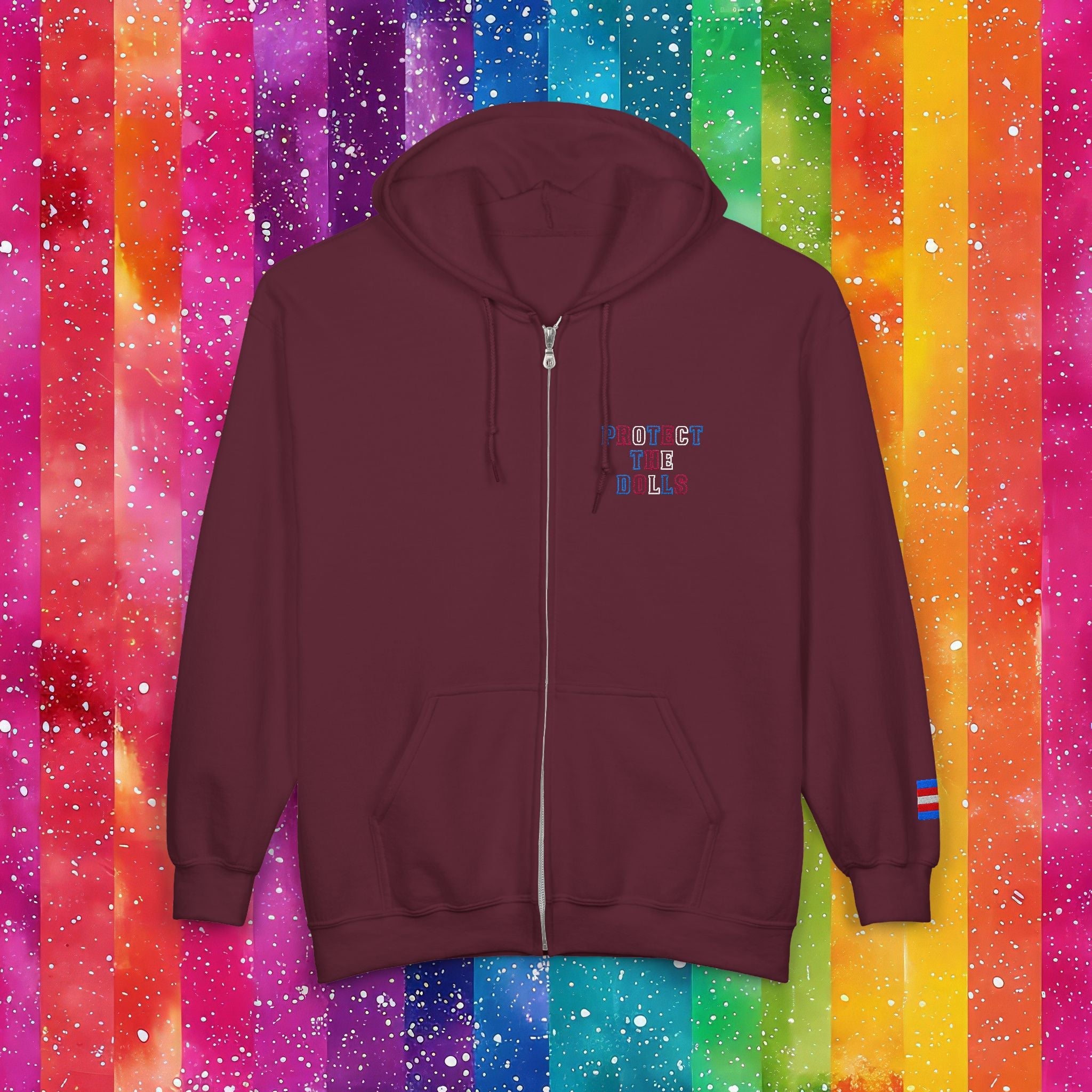 Bespattered Facade Protect the Dolls LGBTQ+ Pride Trans Support Embroidered Full-Zip Hoodie