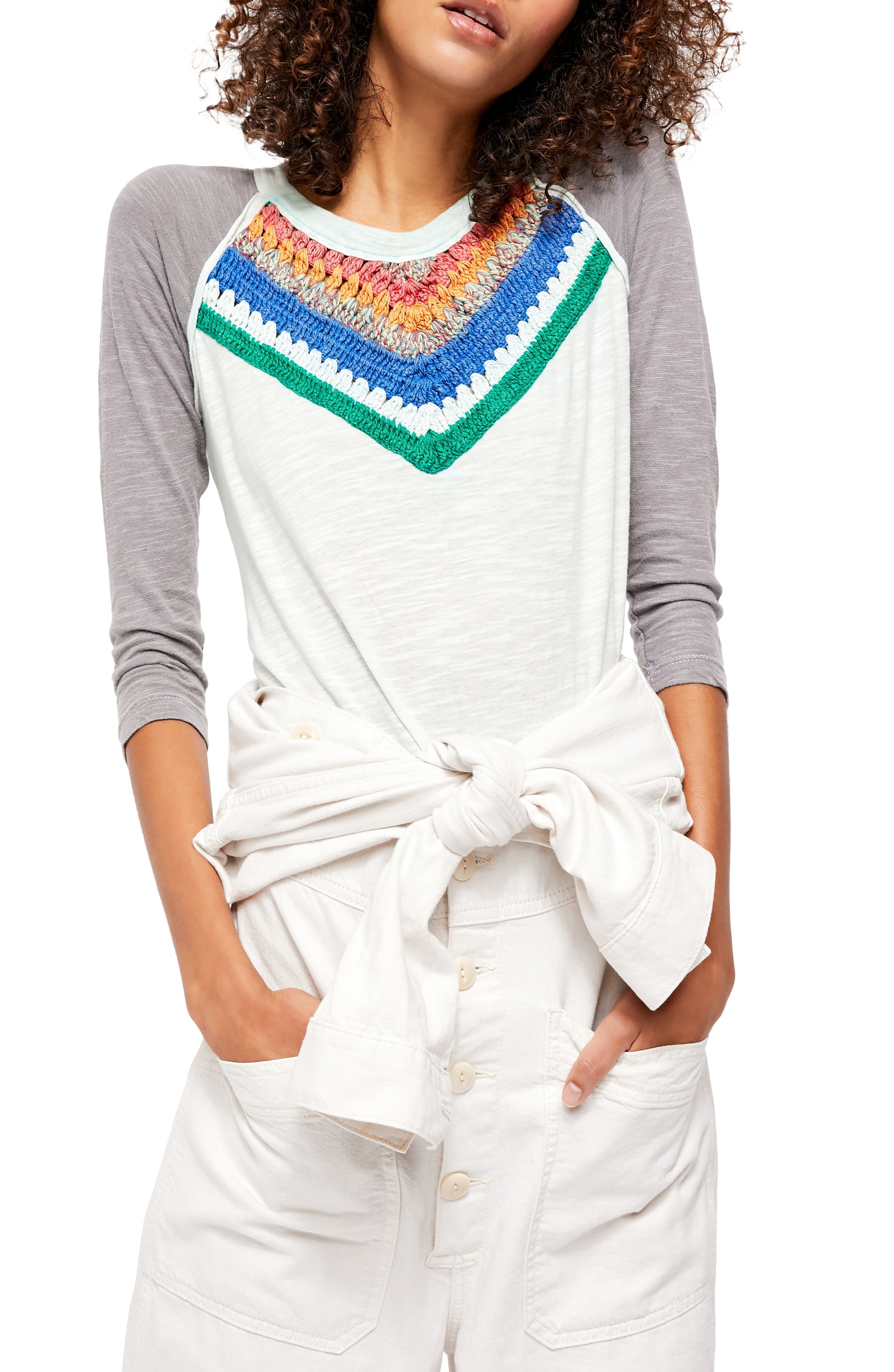 Free People Womens Chevron 3/4 Sleeve Crew Neck T-Shirt Top, XS