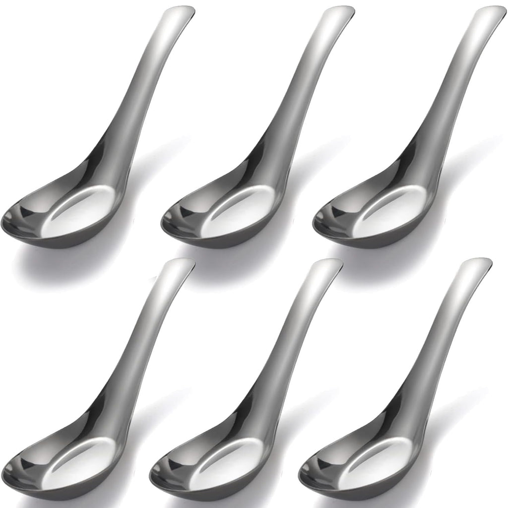 6Pcs Soup Spoons Stainless Steel Spoons Chinese Soup Spoons Mirror Polished Asian Soup Spoons Set of 6 Dinner Spoons for Ramen Pho Wonton Dumpling Noodles Bouillon Dessert Cereal Thai Miso